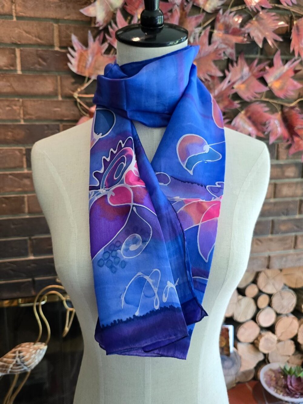 Vintage Hand‑Painted Silk Scarf - Abstract Floral in Blue, Purple & Pinks